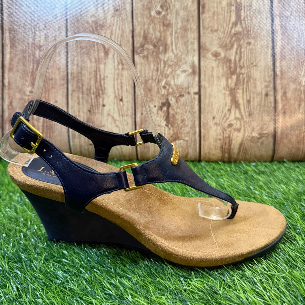Lauren Ralph Lauren Nikki Wedge Sandals Womens 8.5 Navy Blue Gold Hardware